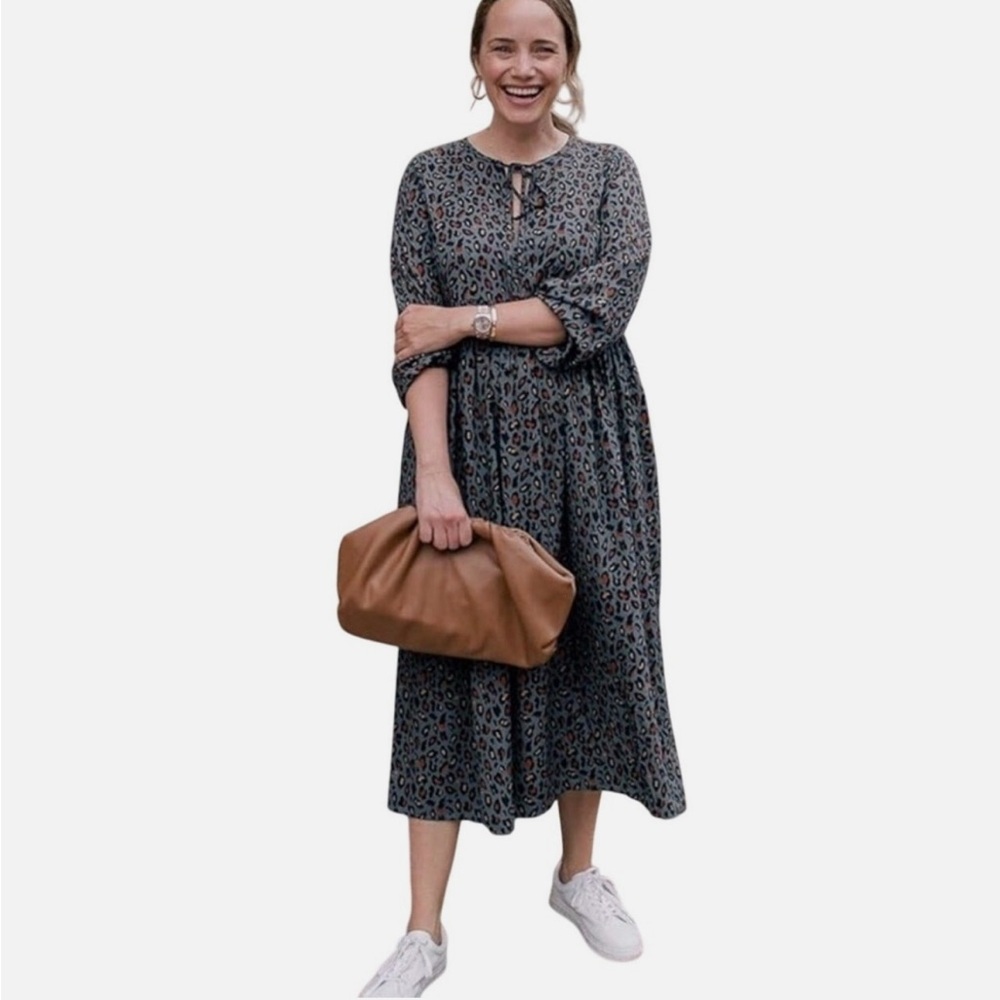 Grace Atwood x The Drop Leopard Print Long Sleeve Midi Dress - Gray